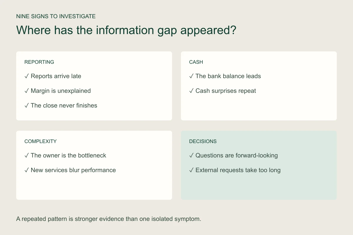 Diagnostic map grouping nine signs under reporting delays, cash visibility, business complexity and decision support.